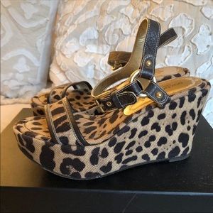 DOLCE & GABBANA LEATHER CANVAS LEOPARD ANIMAL PRINT PLATFORM SANDALS SZ 36.5